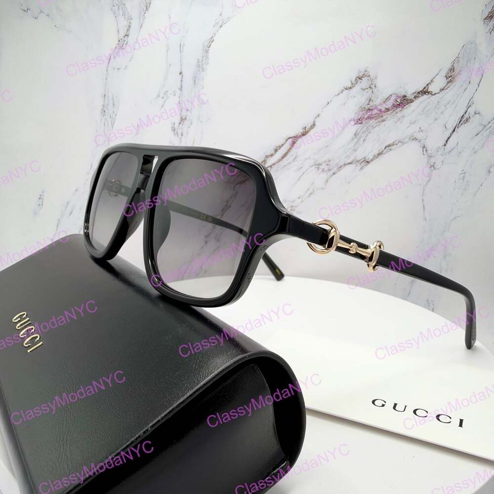 New GUCCI Sunglasses Black Navigator Pilot Aviator Gold Horsebit 53mm Grey Lens